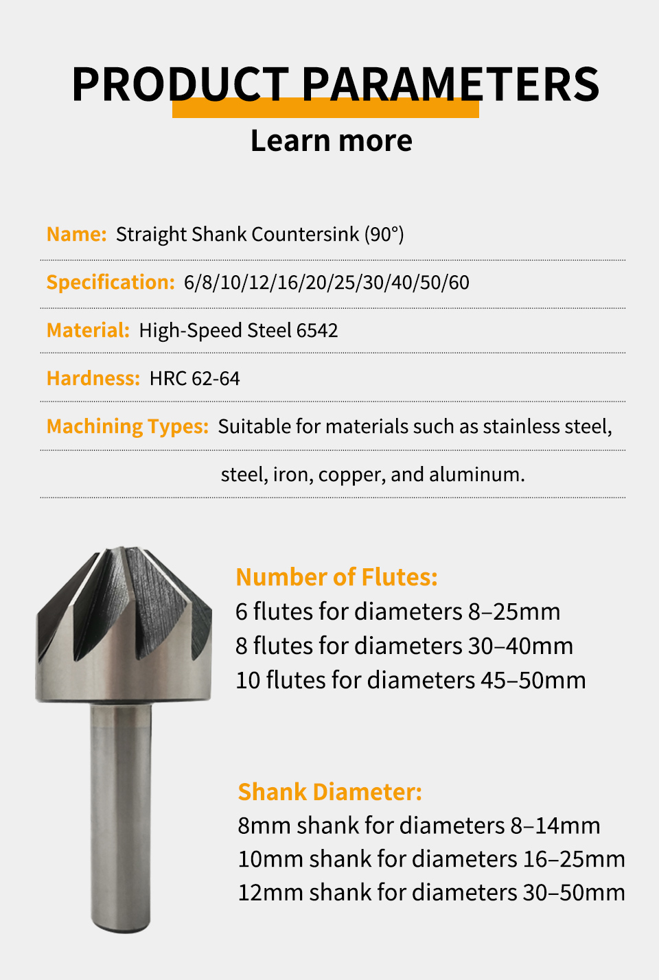 Broca de chaflán de 8 mm con vástago recto